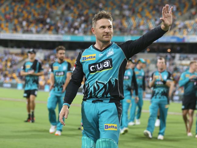 BRISBANE, AUSTRALIA - FEBRUARY 08: Brendon McCullum of the Heat walks off after playing his last home match during the Brisbane Heat v Melbourne Stars Big Bash League Match at The Gabba on February 08, 2019 in Brisbane, Australia. (Photo by Chris Hyde/Getty Images)