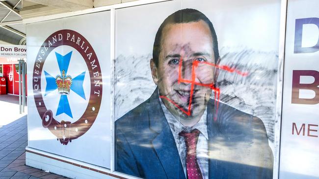 Swastika graffiti on the office of Don Brown MP in Capalaba in November. Picture: Richard Walker