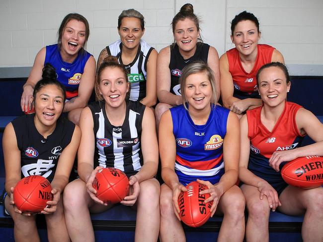 womens marquee players unveiled back row left to right Ellie Blackburn 21 Moana Hope 28 Brianna Davey 21 & Mel Hickey 31 / Front row left to right Darcy Vescio Emma King 22 23 Katie Brennan 23 & Daisy Pearce 28 Picture:Wayne Ludbey