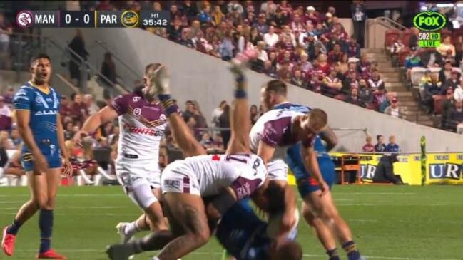 Sickening lifting tackle on Shaun Lane. Picture: Fox League