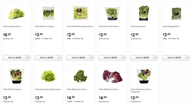 Coles lettuce prices on July 17 show costs are coming down but still aren’t at pre-crisis levels. Picture: Supplied