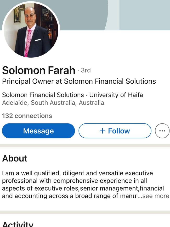 Mr Farah’s LinkedIn profile. Picture: LinkedIn