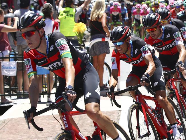 CYCLING - TOUR DOWN UNDER - STAGE 1 - Port Adelaide to Lyndoch. BMC goes through Lyndoch circuit - Richie Porte sits tucked in amongst his team mates. Picture Sarah Reed