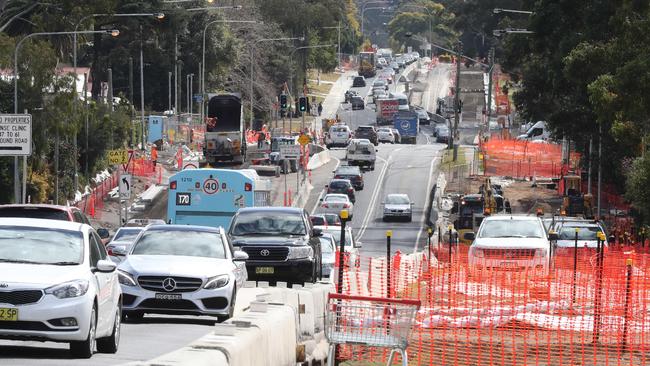 Construction and traffic along Showground Rd at Castle Hill. Picture: AAP Image/David Swift