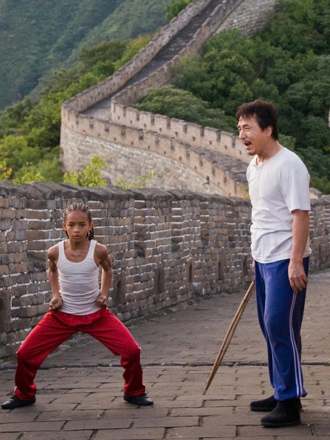 Jaden Smith and Jackie Chan on the Great Wall of China.