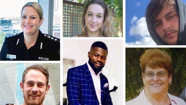 These are just some of the people who tragically lost their lives on South Australian roads in 2020. They are clockwise from top left Chief Superintendent Joanne Shanahan, Samantha Policki, Jayden Sapwell, Gwen Donhardt, Abraham Jabateh and Colin Watson.