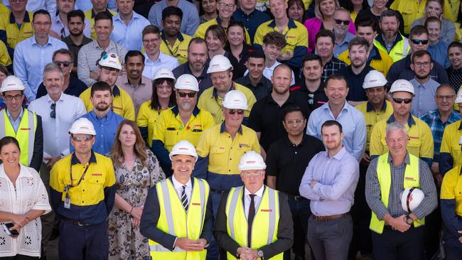 Premier Peter Malinauskas with BAE Systems Australia’s managing director maritime Craig Lockhart and staff at the Osborne Naval Shipyard. Photo: Naomi Jellicoe