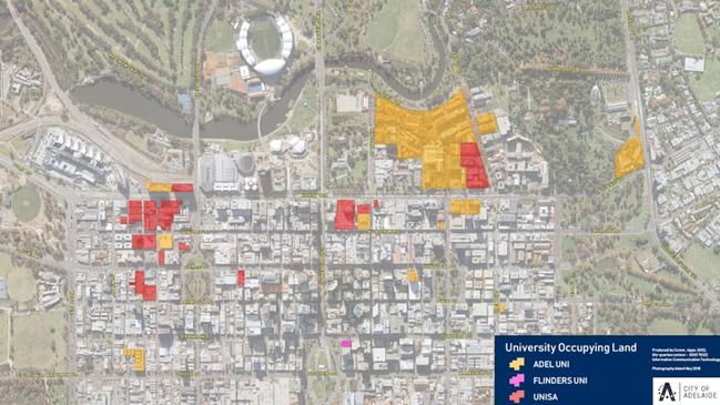 Maps showing the exempted land within Adelaide City Council occupied by universities in 2018-19. Image: Adelaide City Council