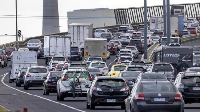 Traffic is banked up heading onto the West Gate Bridge on Friday afternoon. Picture: David Geraghty