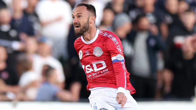 MELBOURNE, AUSTRALIA - SEPTEMBER 24: Ivan Franjic of the Knights in action during the Australia Cup 2023 Semi Final match between Melbourne Knights and Brisbane Roar at Knights Stadium, on September 24, 2023 in Melbourne, Australia. (Photo by Jonathan DiMaggio/Getty Images)