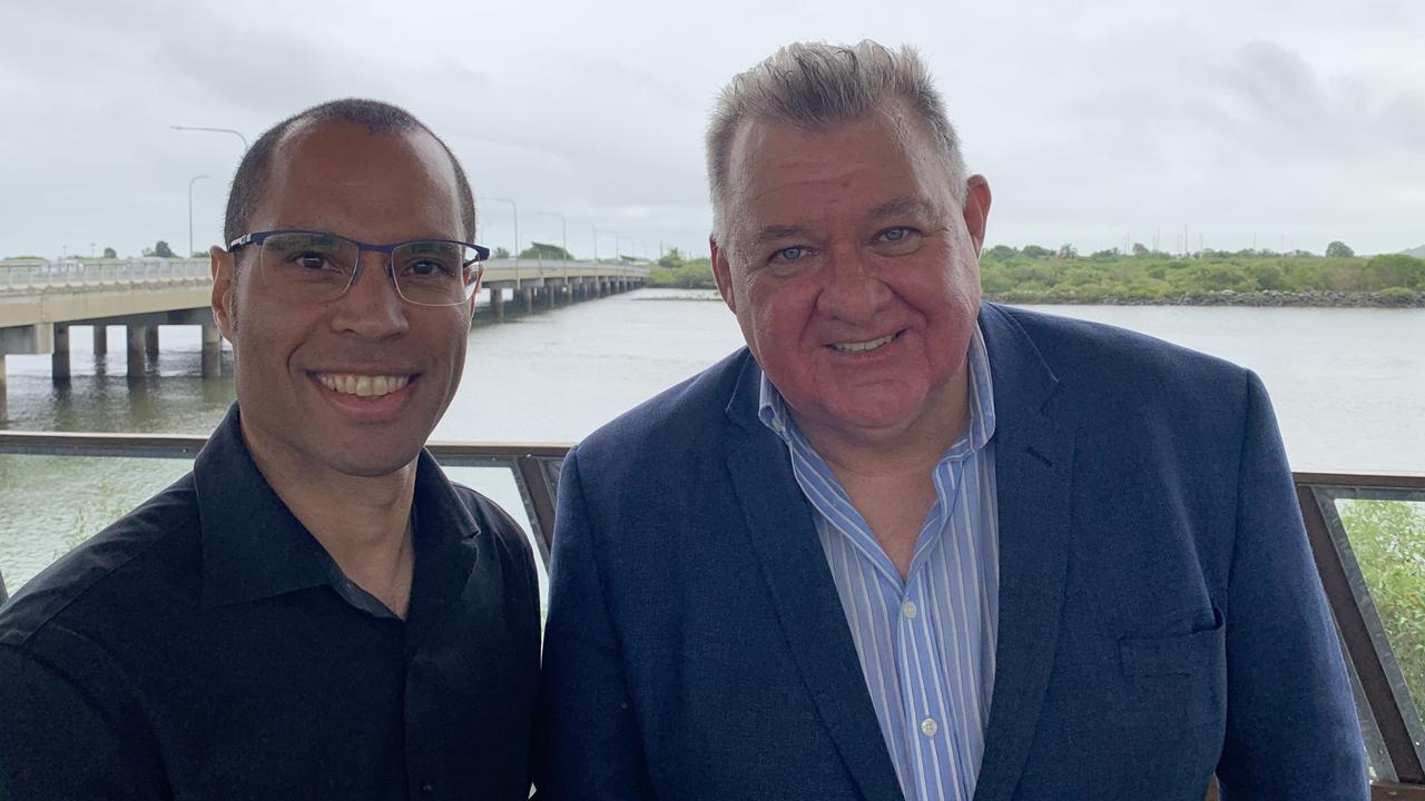 Dawson UAP candidate Christian Young (left) met with UAP leader Craig Kelly by the Pioneer River in Mackay to talk with party faithful about the UAP's policies for regional Queensland. Picture: Duncan Evans