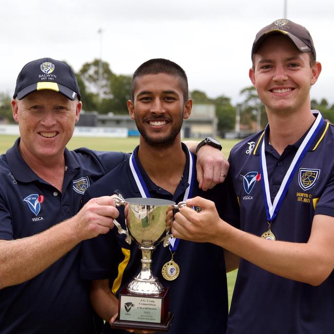 Balwyn coaching staff Chris Wilks, Vihaan Narayana and Jack Lyndon. Picture: Balwyn CC