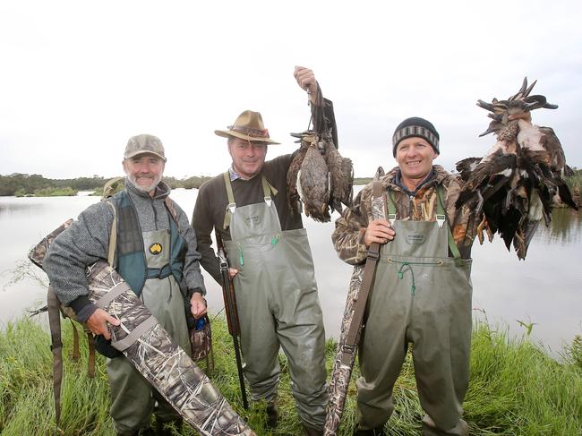 Duck hunting season opening , Heart Morass  State Game Reserve, Sale, L-R: Ross Herman, from Mornington Peninsula,  Perry Gaylard, from Airlys Inlet, #0425728505, got 6 ducks, Gary Jago, from Sale, #0417205858, got 8 ducks,  Picture Yuri Kouzmin