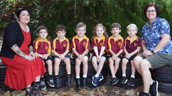 MY FIRST YEAR: Monkland State School Preps, Gympie. (LtoR) Teacher aide Shirl Bembrick, Buddy Colbourn, Oliver Hussie, Jonty Bailey, Tayla Bailey, Archie Negus, Braxton Russell and Teacher Su Foster. Picture: Patrick Woods.