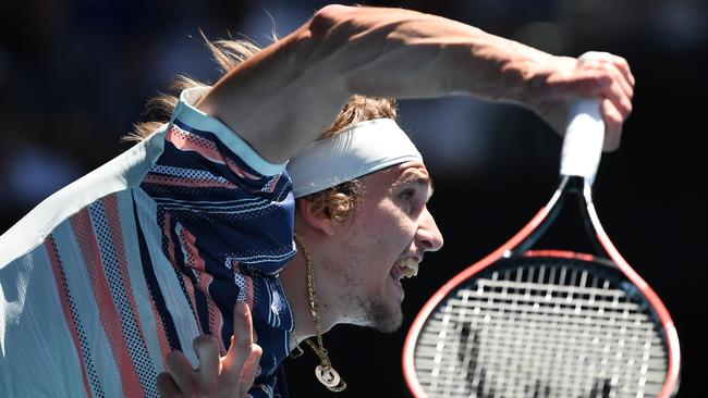 Germany’s Alex Zverev serves to Switzerland’s Stan Wawrinka in their quarter-final. Picture: AFP