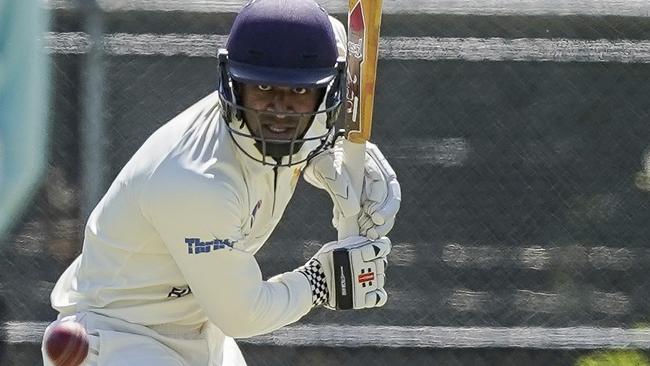 Brighton opener Charith Cooray watches the new ball closely on Saturday.