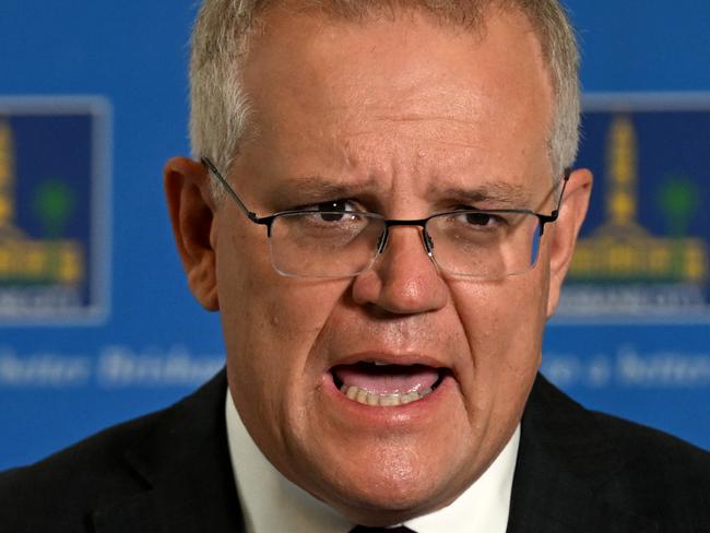 BRISBANE, AUSTRALIA - NewsWire Photos - FEBRUARY 28, 2022.Australian Prime Minister Scott Morrison speaks at a press conference as he visits the Local Disaster Coordination Centre in Brisbane City Council for an update on the floods situation in Queensland.Picture: NCA NewsWire / Dan Peled