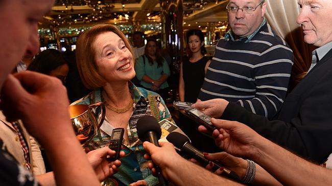 Gai Waterhouse talks to the media with her new-found friend, the Melbourne Cup. Picture: Tony Gough