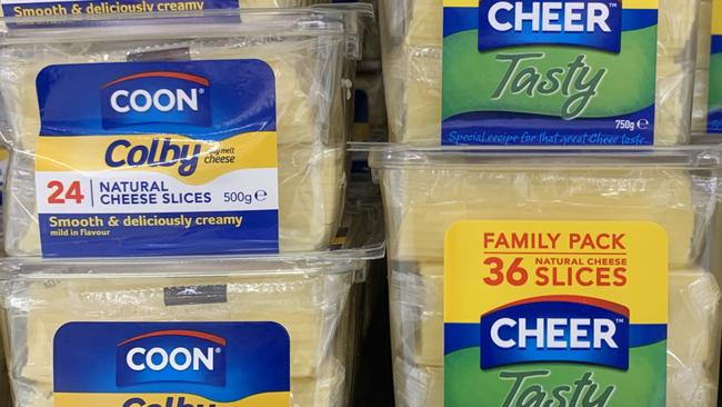 Coon cheese alongside its replacement Cheer cheese at a Sydney supermarket. Picture: Benedict Brook