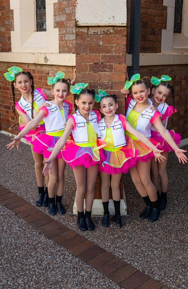 Dancers from The Base Performing Arts, Ipswich (from left) Peyton Milligan, Zowie Williams, Memphis Seabert, Ava Yardy, Emmerson Timdale and Charlotte Smith at the 78th City of Toowoomba Eisteddfod at The Empire, Friday, August 2, 2024. Picture: Kevin Farmer