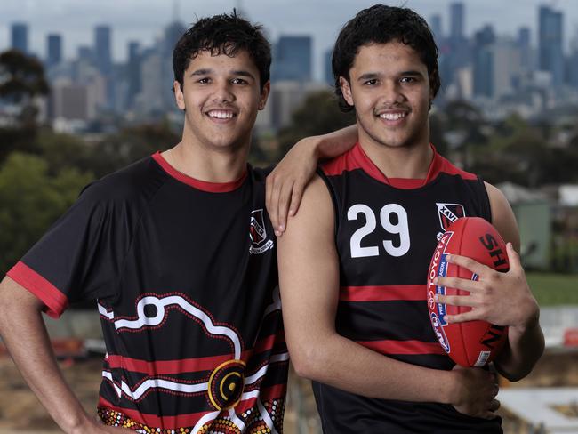 MELBOURNE, AUSTRALIA - NewsWire Photos OCTOBER 12, 2022:  Twins Alwyn Junior and Jayden Davey. Sons of former footballer  Alwyn Davey Sr. The indigenous twins may be drafted to Essendon under the father son rule in next few weeks Picture: NCA NewsWire / David Geraghty