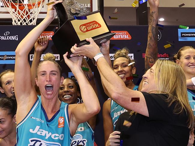 MELBOURNE, AUSTRALIA - MARCH 17: Rebecca Cole (c) of the Flyers and Cheryl Chambers, Coach of the Flyers celebrate winning the WNBL Championship during the game three of the WNBL Grand Final series between Southside Flyers and Perth Lynx at Melbourne Sports Centre Parkville, on March 17, 2024, in Melbourne, Australia. (Photo by Kelly Defina/Getty Images) (Photo by Kelly Defina/Getty Images)