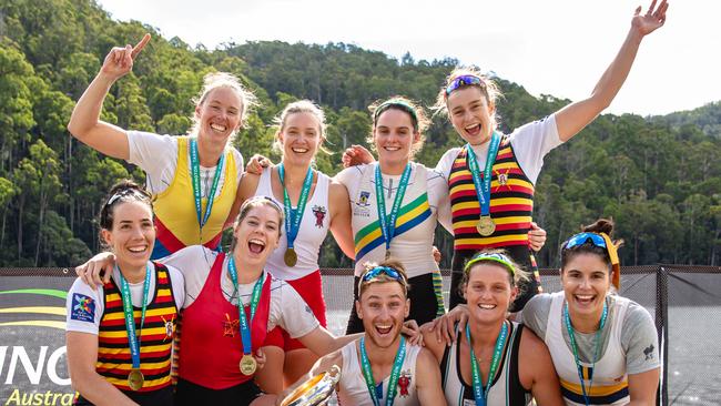 Sarah Hawe (top left) celebrates victory with the open women's coxed eight after victory at the Australian Rowing Championships. Picture RA/Linda Higginson (must credit)
