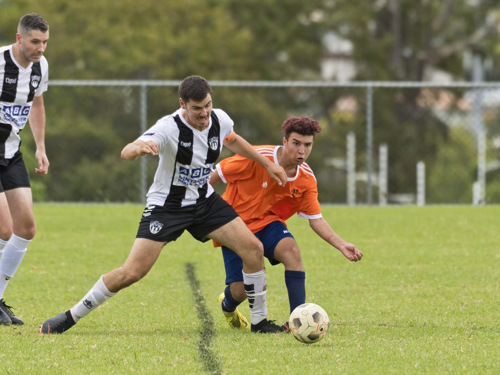 Willowburn captain Beau Partridge (left) and Saher Khidir of Hawks in Toowoomba Football League Premier Men round one at West Wanderers field two, Sunday, March 8, 2020. Picture: Kevin Farmer