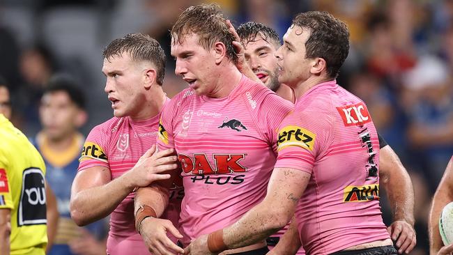 SYDNEY, AUSTRALIA - MARCH 23:  Zac Hosking of the Panthers celebrates with team mates after scoring a try during the round four NRL match between the Parramatta Eels and Penrith Panthers at CommBank Stadium on March 23, 2023 in Sydney, Australia. (Photo by Cameron Spencer/Getty Images)