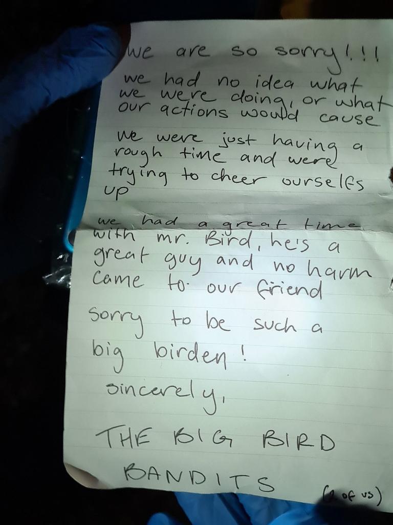 An apology letter from ‘the Big Bird Bandits’ accompanied the costume. Picture: SA Police