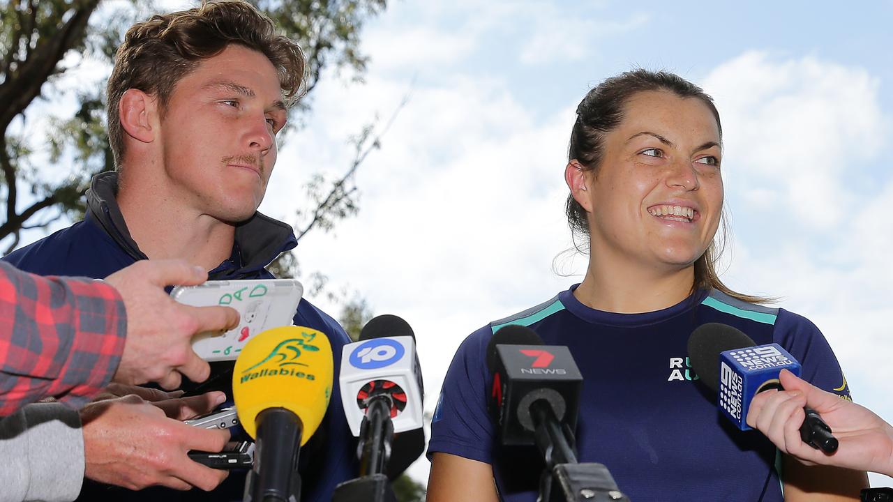 Michael Hooper of the Wallabies and Grace Hamilton of the Wallaroos.