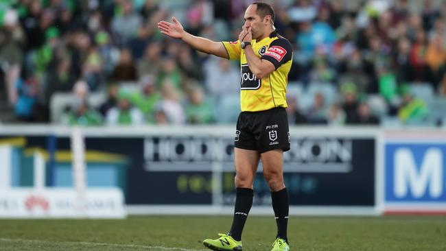 Referee Ashley Klein blows the whistle during an NRL game. Picture: Getty Images