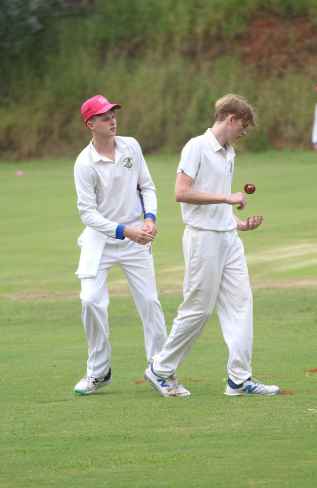 Louis Morris and Archie Murray. AIC First XI cricket between St Peters Lutheran College and Marist College Ashgrove. Saturday February 24, 2024.