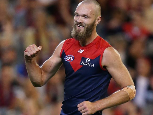 AFL. Round 3. 05/04/2019.  Melbourne vs Essendon at the MCG.  Melbourne's Max Gawn enjoys a goal in the 2nd quarter     . Pic: Michael Klein.