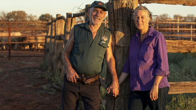 Lyndee Severin and her husband, Ashley, on Curtin Springs Station at Petermann in the Northern Territory. Picture: Grenville Turner