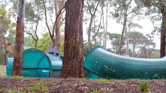 The water slides have been pulled down and are gathering moss