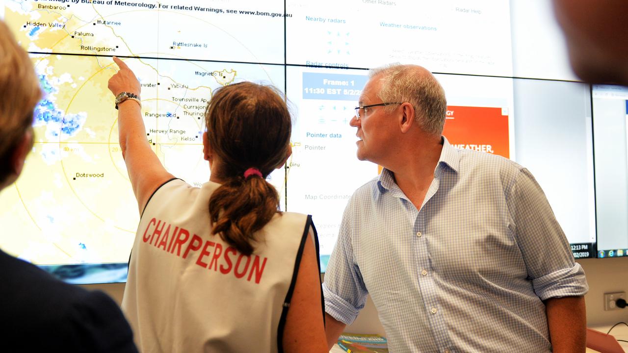 Prime Minister of Australia Scott Morrison visits Townsville Local Disaster Coordination Centre. Picture: Alix Sweeney