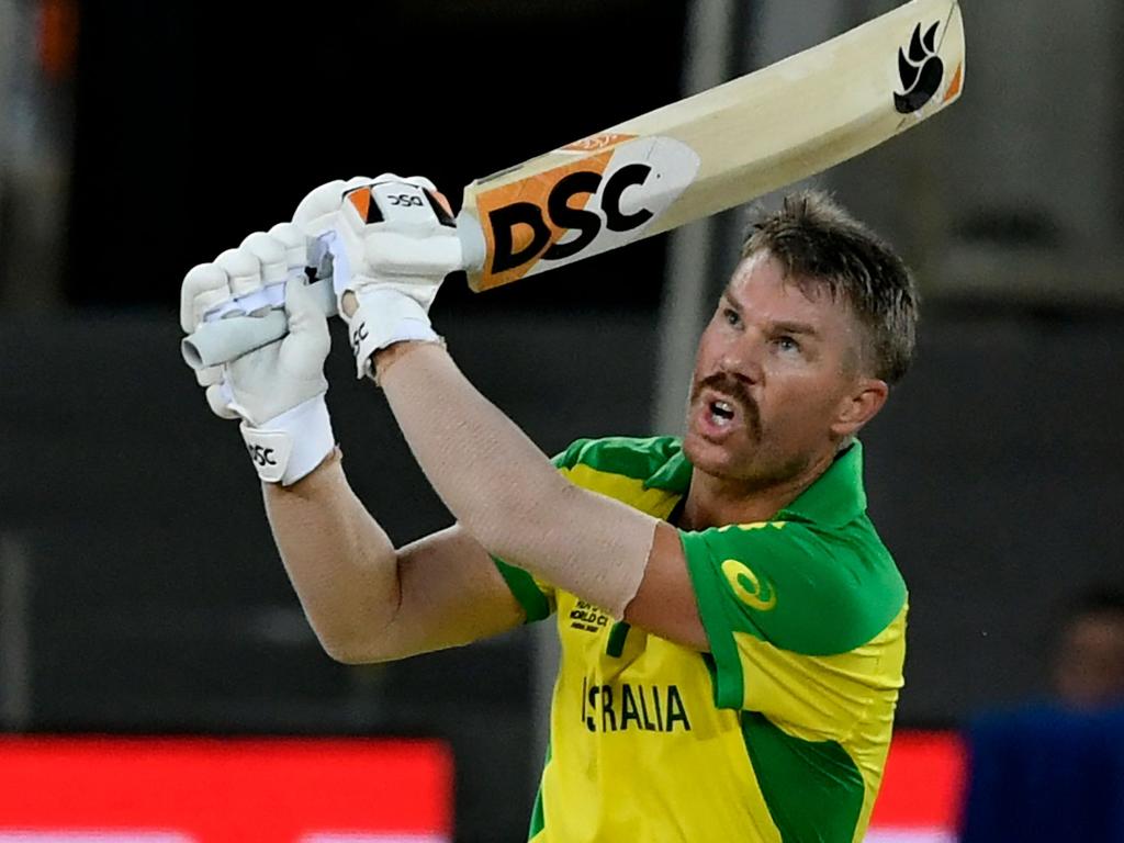 David Warner blasted a number of big sixes on his way to a half century. Picture: AFP