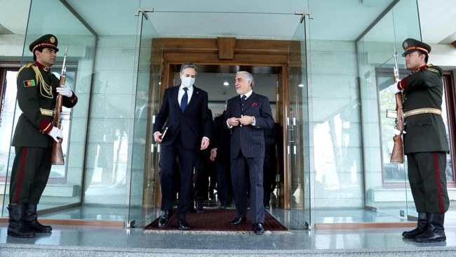 Antony Blinken walks with Abdullah Abdullah in Kabul on Thursday. Picture: Reuters