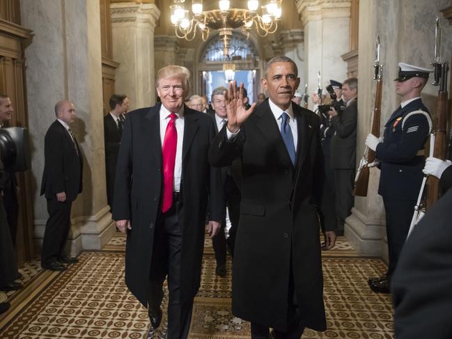 President-elect Donald Trump and President Barack Obama arrive for Trump’s inauguration ceremony at the Capitol in Washington on January 20, 2017. Picture: AP