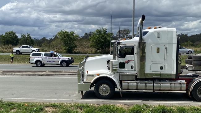 Trucks heading west on the highway remained at a standstill hours after the incident. Picture: Jessica Baker