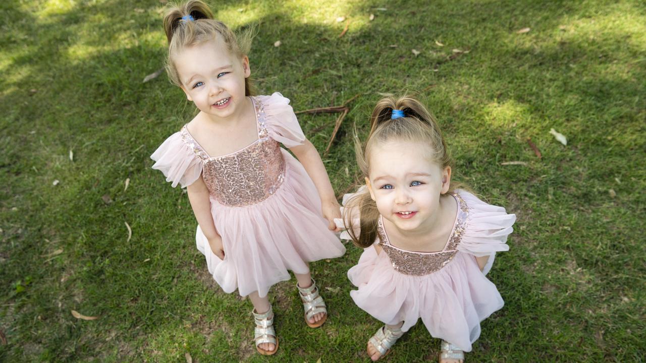 Twins Isla (left) and Ava Davis-Cook have been named as Toowomba's cutest toddlers according to readers of The Chronicle, Saturday, April 2, 2022. Picture: Kevin Farmer