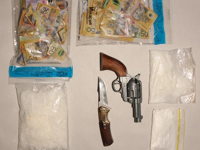 When police searched Lauchlan Joseph McGregor on the night of October 16 they found 32g of cocaine and 126g of meth on his person and a package containing 200g of meth in the vehicle. The police also found $25,000 in cash and a handgun and knife. Picture: Contributed.