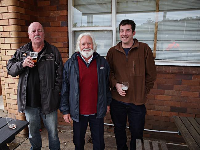 members Joe Scaramuzza, Dennis Bayley and Luke Ventress at the same spot on he club’s last day of trading in August 2018. Picture: Adam Yip / Manly Daily