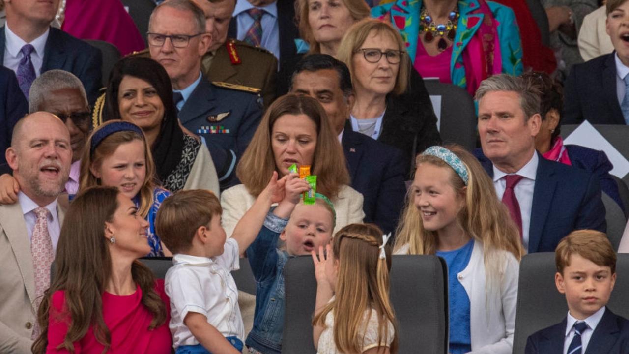 Mike Tindall, Mia Tindall, Lena Tindall and Savannah Phillips; Front: (L-R) Prince Louis, Kate, Duchess of Cambridge, Princess Charlotte and Prince George at the Platinum Pageant. Picture: Roland Hoskins/WPA/Getty Images.