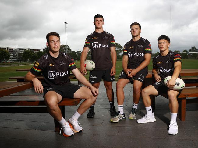 Cooper Ferrari, Sam Lane, Aston Warwick, Jenson Tuaoi who have come through the Penrith Panthers pathways program. Picture: Richard Dobson