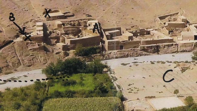 The Afghan village of Darwan, raided in 2012 by the SAS, where a man Ali Jan died, with points and paths navigated by troops marked by Ben Roberts-Smith. Picture: Australian Federal Police.