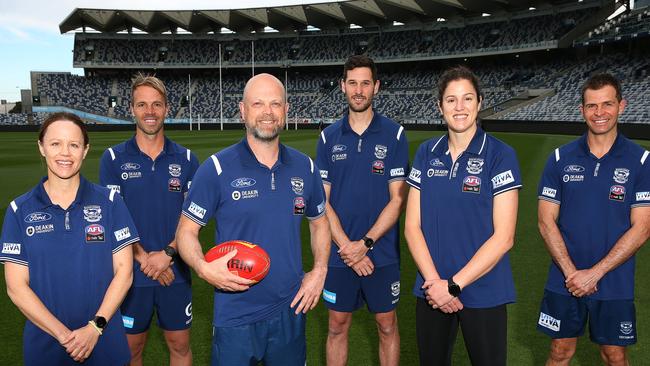 Geelong’s AFLW coaching squad in 2021: Elise Coventry, Josh Finch, Dan Lowther, Aaron Black, Jess Foley and David Morgan. Picture: Alan Barber