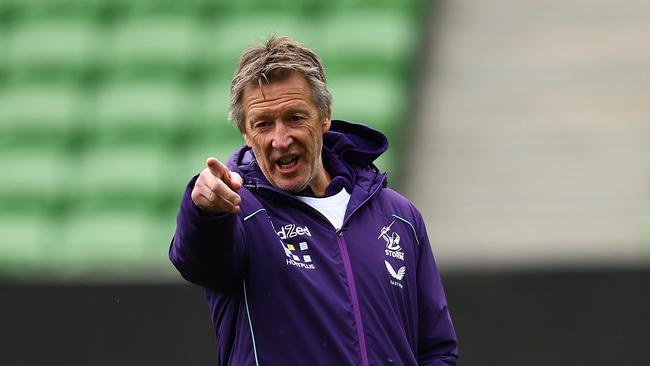 MELBOURNE, AUSTRALIA – AUGUST 23: Storm Coach Craig Bellamy gives instructions during a Melbourne Storm NRL media opportunity at AAMI Park on August 23, 2022 in Melbourne, Australia. (Photo by Graham Denholm/Getty Images)
