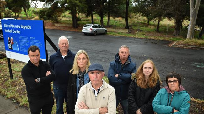 Residents' concerned over Bayside council plan to turn old landfill site into a netball centre. (L-R) Jeffrey Anderson, Andrew Fairbank, Michelle Hartley, John Lyons, David Reinhard, Sarah Reinhard, Liz Reinhard. Picture: Tony Gough